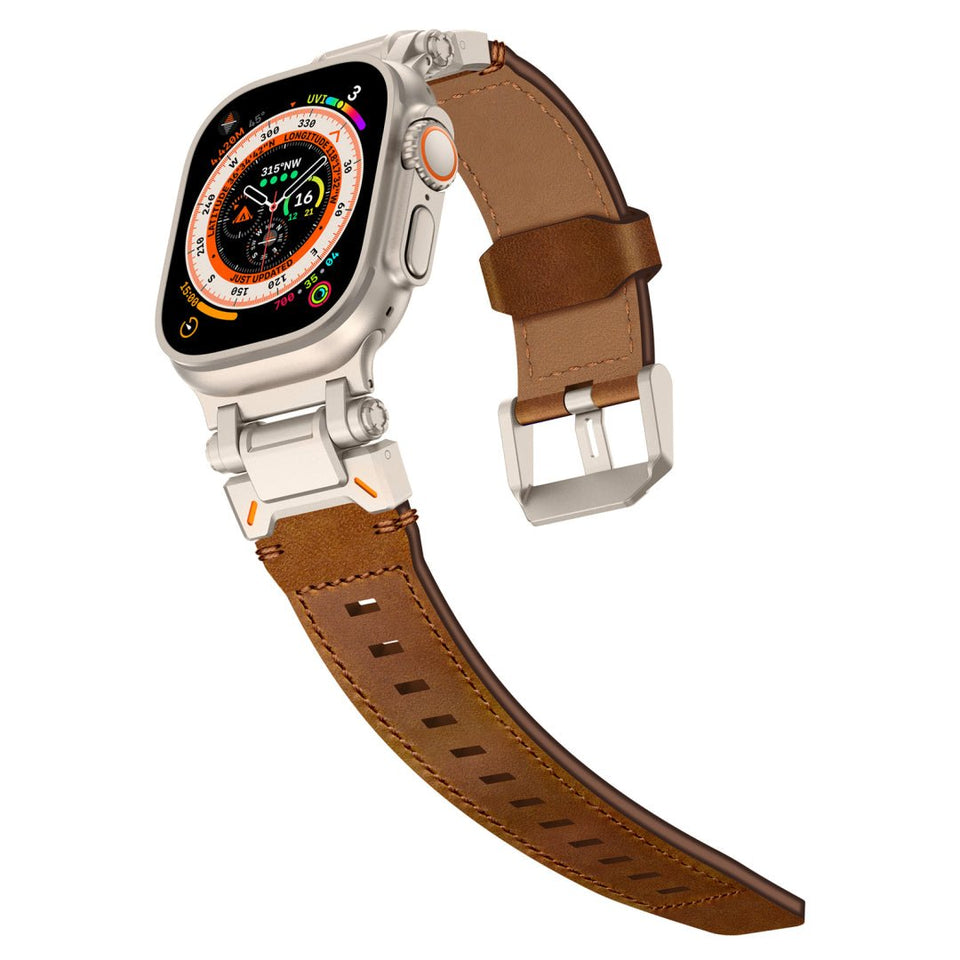 Leather Tactical Band for Apple Watch Ultra – 26mm Wide, Mecha - Style Connectors, Adventure - Ready - Wear with style