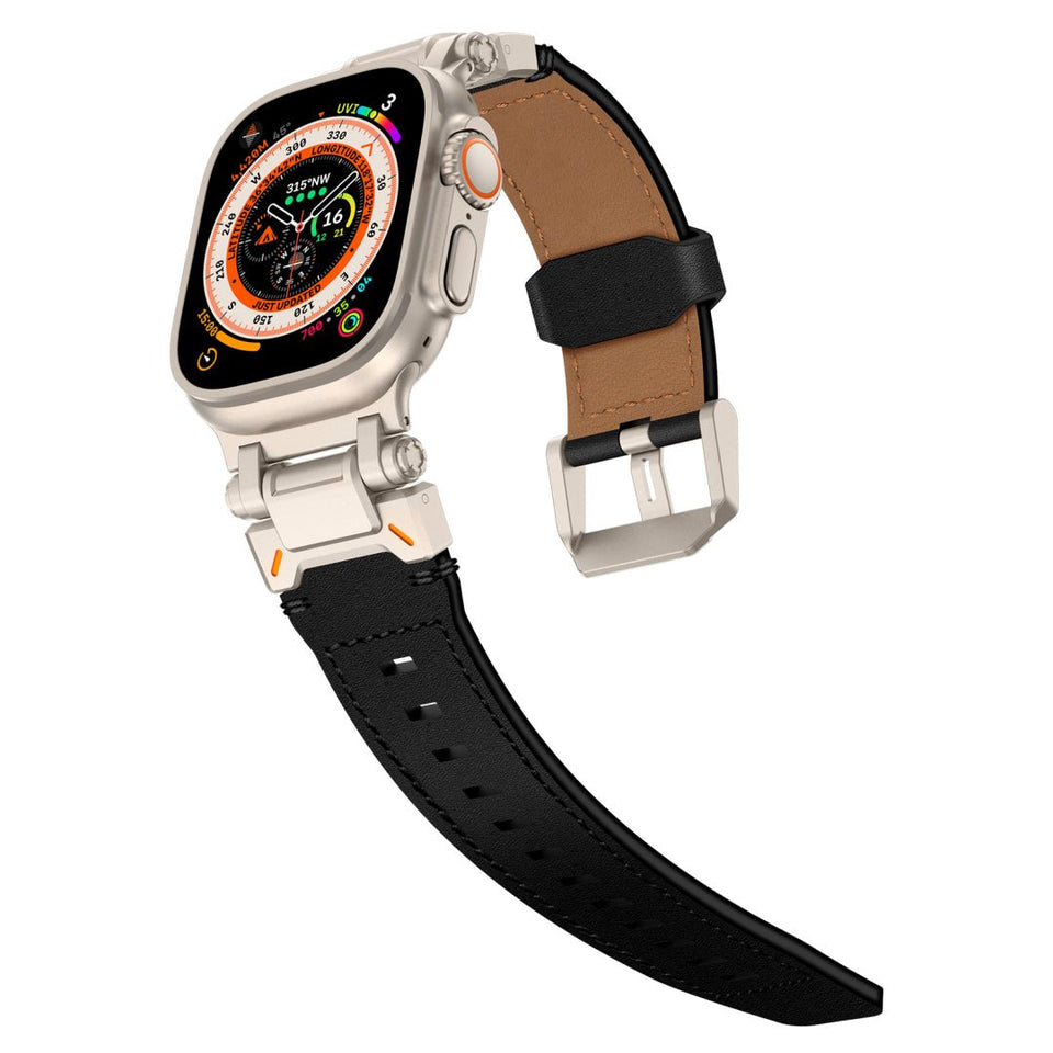 Leather Tactical Band for Apple Watch Ultra – 26mm Wide, Mecha - Style Connectors, Adventure - Ready - Wear with style