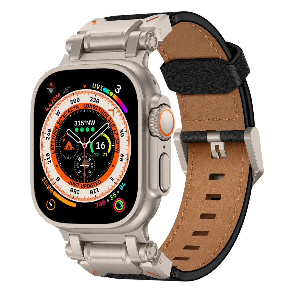 Leather Tactical Band for Apple Watch Ultra – 26mm Wide, Mecha - Style Connectors, Adventure - Ready - Wear with style