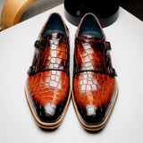 55-112-CGN LEGERRA Hand Burnished Crocodile Print Monkstrap Cognac