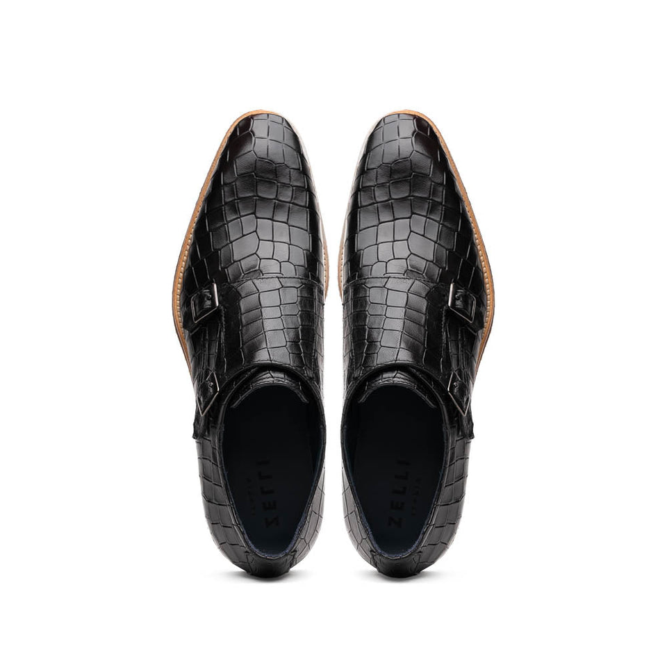 55-112-BLK LEGERRA Hand Burnished Crocodile Print Monkstrap Black