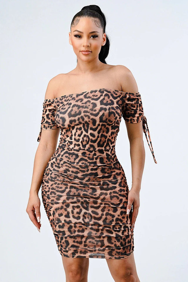 LEOPARD PRINT SHIRRING BODYCON DRESS - Wear with style