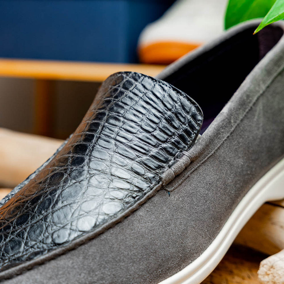 11-603-GRY BENE Sueded Italian Goatskin & Crocodile Loafer Grey