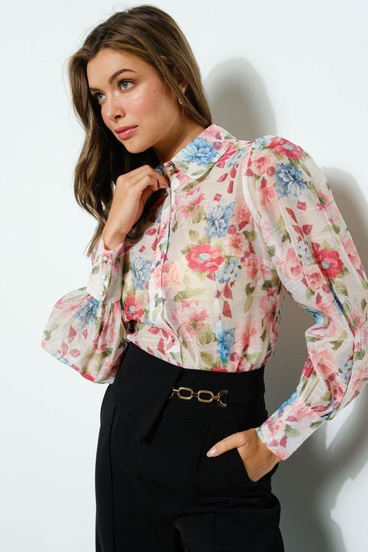 Long Puff Sleeve Floral Print Blouse Top - Wear with style