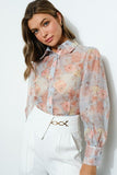 Long Puff Sleeve Floral Print Blouse Top - Wear with style