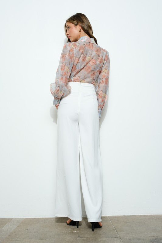 Long Puff Sleeve Floral Print Blouse Top - Wear with style