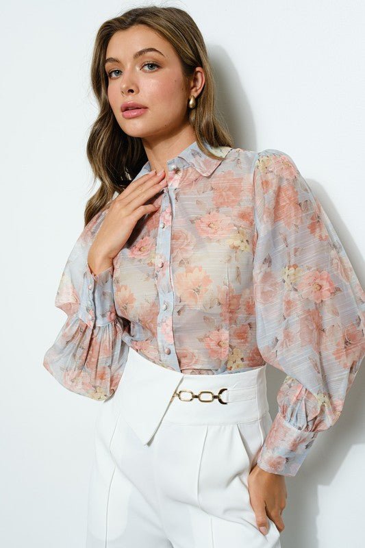 Long Puff Sleeve Floral Print Blouse Top - Wear with style