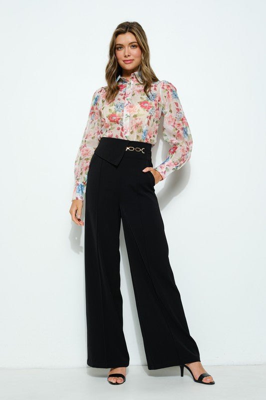 Long Puff Sleeve Floral Print Blouse Top - Wear with style