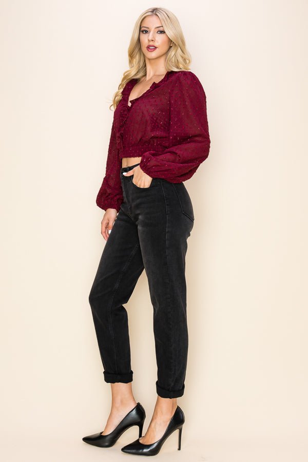 Long Puff Sleeves Ruffle V-Neck Crop Top - Wear with style