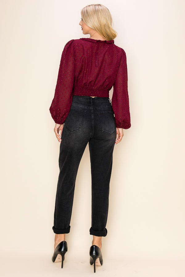 Long Puff Sleeves Ruffle V-Neck Crop Top - Wear with style