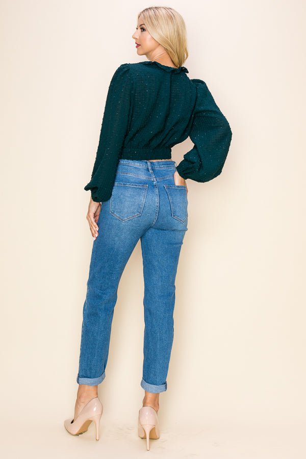 Long Puff Sleeves Ruffle V-Neck Crop Top - Wear with style