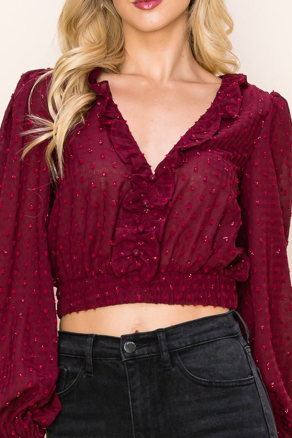 Long Puff Sleeves Ruffle V-Neck Crop Top - Wear with style