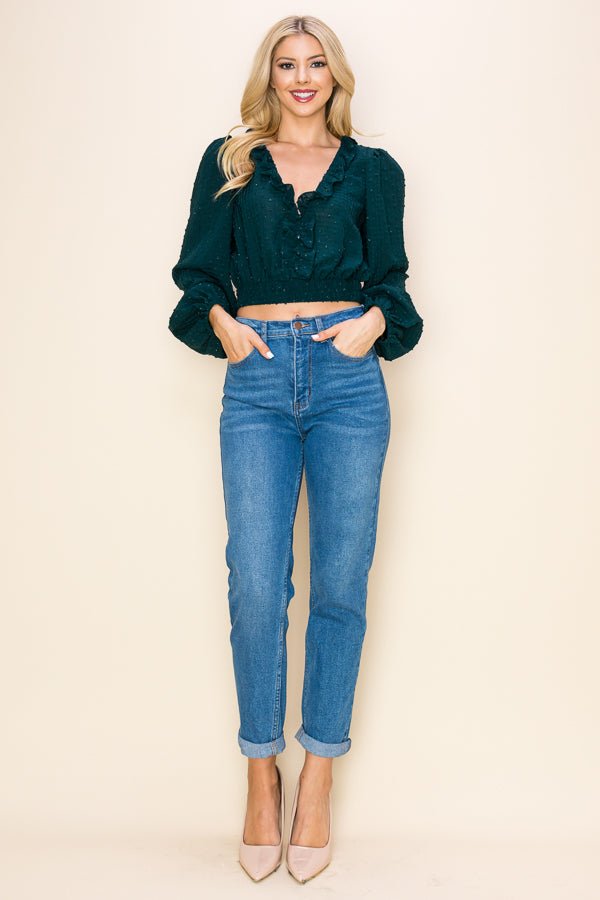 Long Puff Sleeves Ruffle V-Neck Crop Top - Wear with style