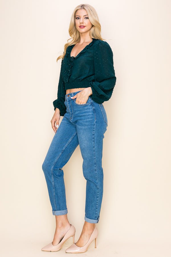 Long Puff Sleeves Ruffle V-Neck Crop Top - Wear with style