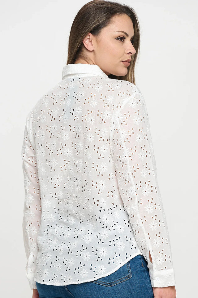 Long Sleeve Button Down Eyelet Top - Wear with style