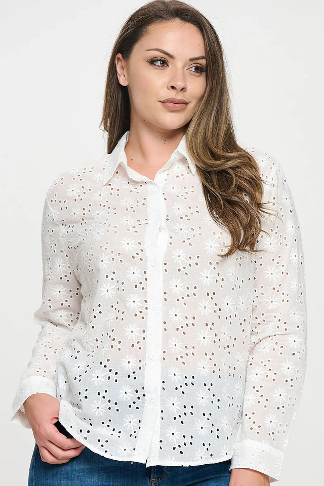 Long Sleeve Button Down Eyelet Top - Wear with style
