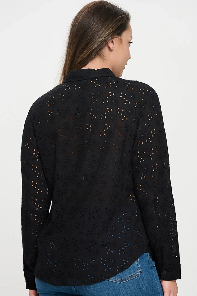 Long Sleeve Button Down Eyelet Top - Wear with style