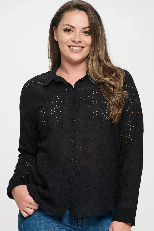 Long Sleeve Button Down Eyelet Top - Wear with style