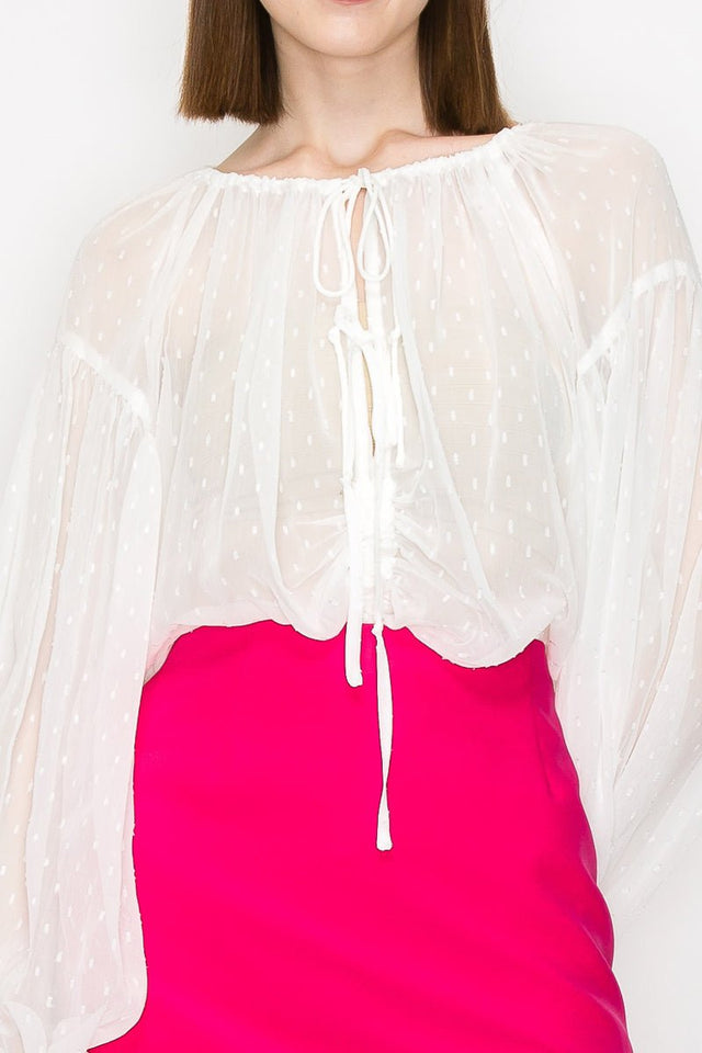 Long sleeve dots jacquard chiffon blouse top - Wear with style