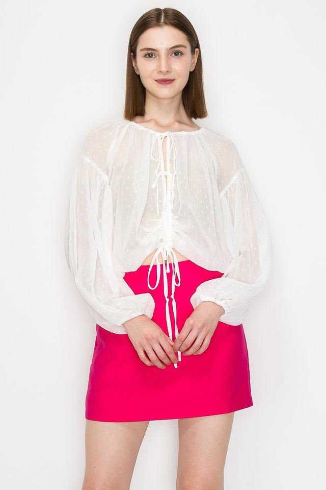Long sleeve dots jacquard chiffon blouse top - Wear with style
