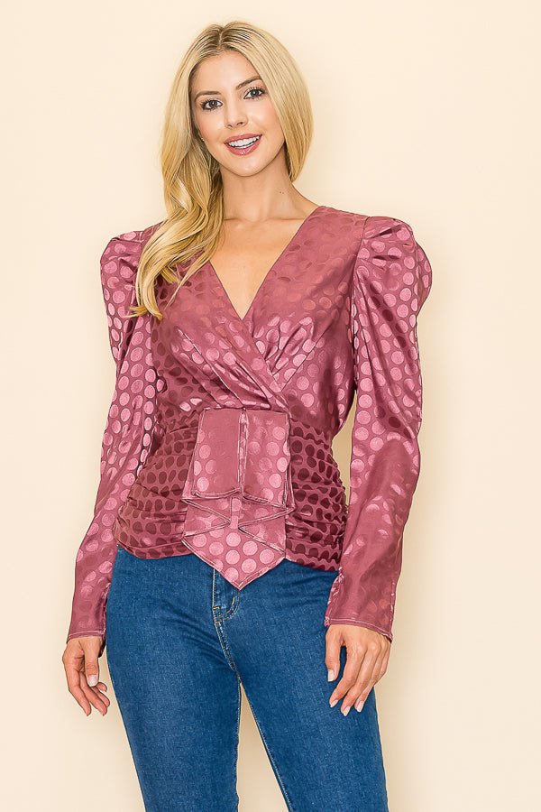Long Sleeves V neck Top Polka Dot Print - Wear with style