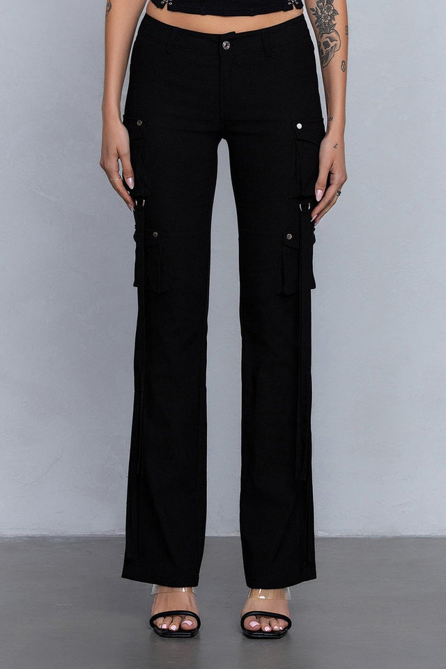 Low Rise Flared Cargo Pants | Stretchy Woven Streetwear with Strap Details - Wear with style