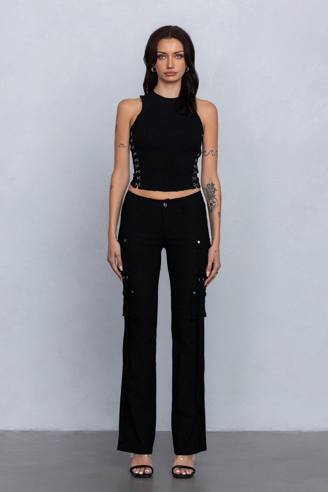 Low Rise Flared Cargo Pants | Stretchy Woven Streetwear with Strap Details - Wear with style