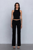 Low Rise Flared Cargo Pants | Stretchy Woven Streetwear with Strap Details - Wear with style