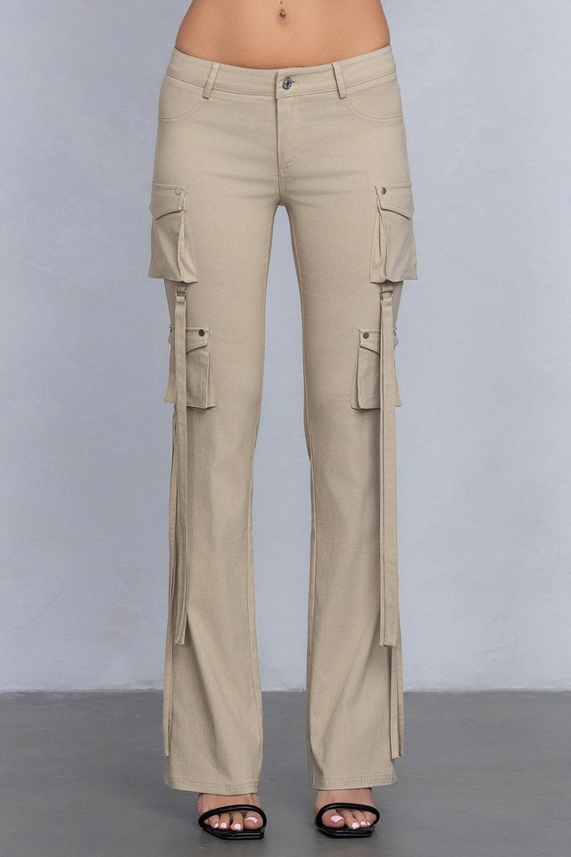 Low Rise Flared Cargo Pants | Stretchy Woven Streetwear with Strap Details - Wear with style
