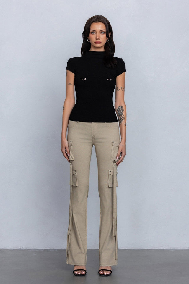 Low Rise Flared Cargo Pants | Stretchy Woven Streetwear with Strap Details - Wear with style