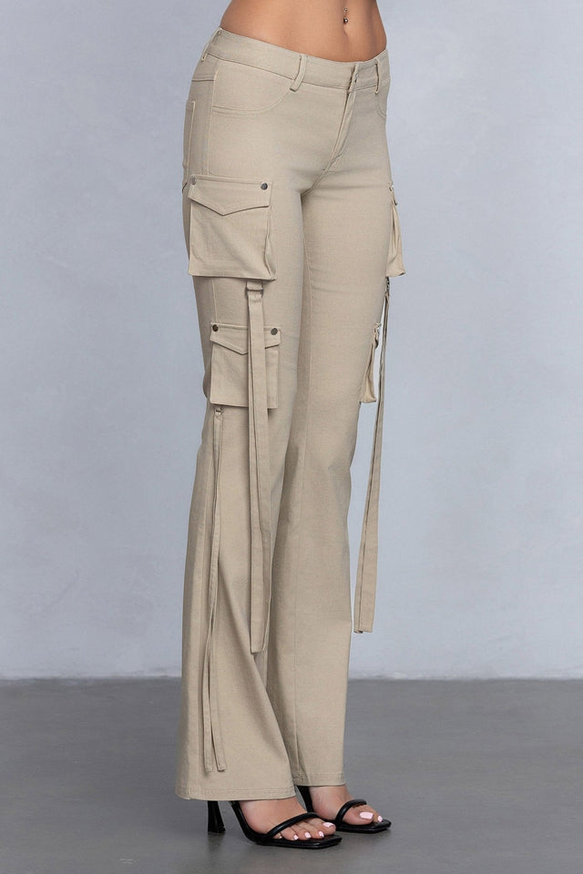 Low Rise Flared Cargo Pants | Stretchy Woven Streetwear with Strap Details - Wear with style