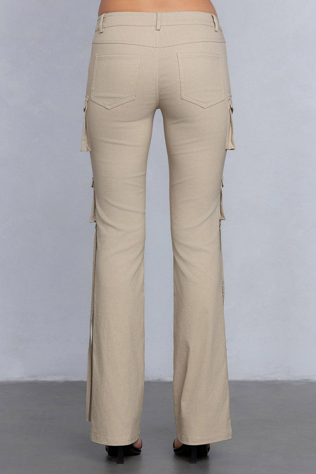 Low Rise Flared Cargo Pants | Stretchy Woven Streetwear with Strap Details - Wear with style