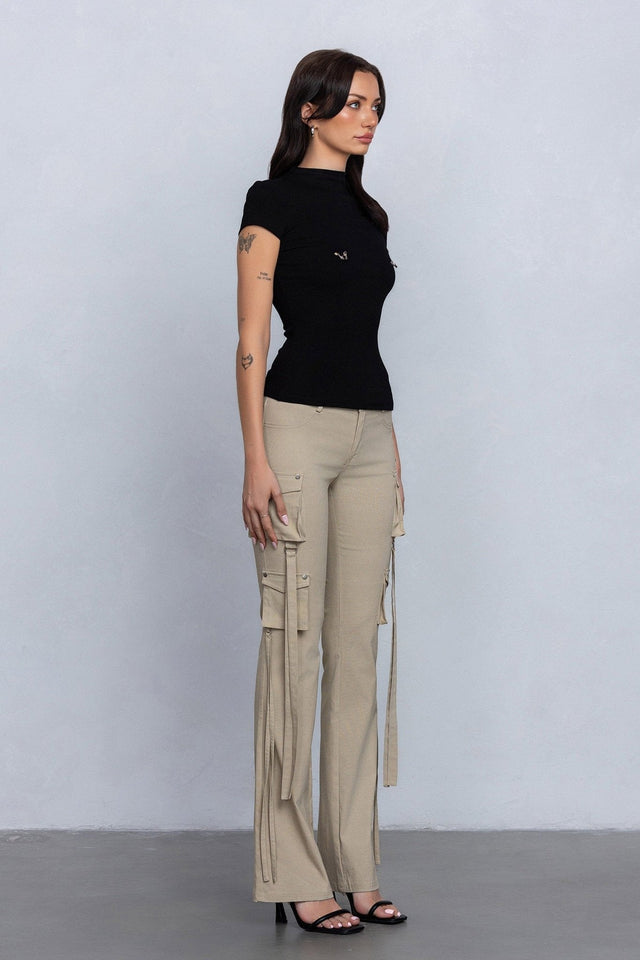 Low Rise Flared Cargo Pants | Stretchy Woven Streetwear with Strap Details - Wear with style