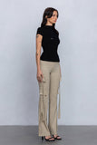 Low Rise Flared Cargo Pants | Stretchy Woven Streetwear with Strap Details - Wear with style