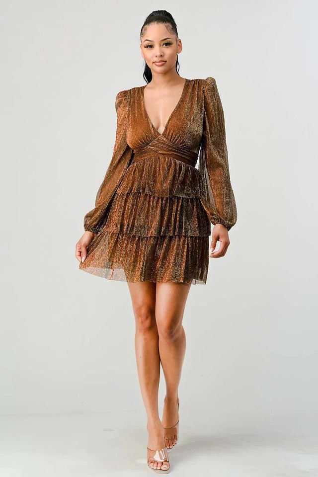 LUX FANTASY GLITTER DEEP V-NECK TIERED PEASANT SLEEVES FIT AND FLARE RUFFLED MINI DRESS - Wear with style