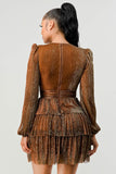 LUX FANTASY GLITTER DEEP V-NECK TIERED PEASANT SLEEVES FIT AND FLARE RUFFLED MINI DRESS - Wear with style