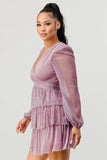 LUX FANTASY GLITTER DEEP V-NECK TIERED PEASANT SLEEVES FIT AND FLARE RUFFLED MINI DRESS - Wear with style