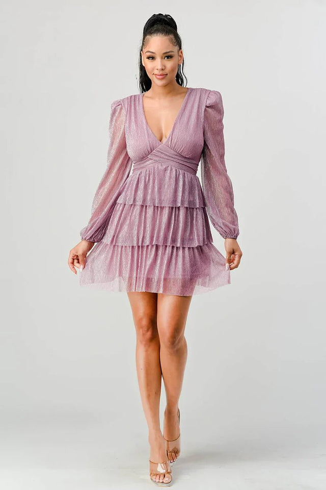 LUX FANTASY GLITTER DEEP V-NECK TIERED PEASANT SLEEVES FIT AND FLARE RUFFLED MINI DRESS - Wear with style