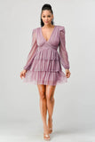 LUX FANTASY GLITTER DEEP V-NECK TIERED PEASANT SLEEVES FIT AND FLARE RUFFLED MINI DRESS - Wear with style