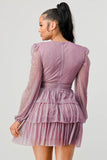 LUX FANTASY GLITTER DEEP V-NECK TIERED PEASANT SLEEVES FIT AND FLARE RUFFLED MINI DRESS - Wear with style