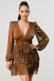 LUX FANTASY GLITTER DEEP V-NECK TIERED PEASANT SLEEVES FIT AND FLARE RUFFLED MINI DRESS - Wear with style