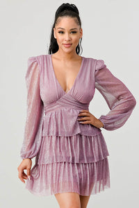 LUX FANTASY GLITTER DEEP V-NECK TIERED PEASANT SLEEVES FIT AND FLARE RUFFLED MINI DRESS - Wear with style