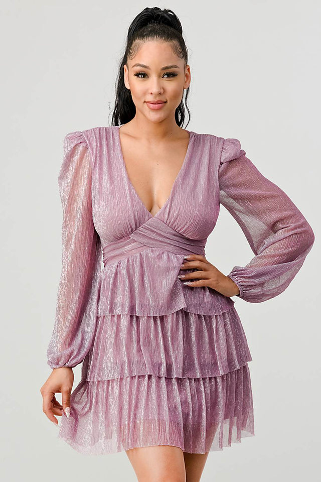 LUX FANTASY GLITTER DEEP V-NECK TIERED PEASANT SLEEVES FIT AND FLARE RUFFLED MINI DRESS - Wear with style