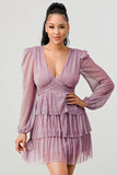 LUX FANTASY GLITTER DEEP V-NECK TIERED PEASANT SLEEVES FIT AND FLARE RUFFLED MINI DRESS - Wear with style