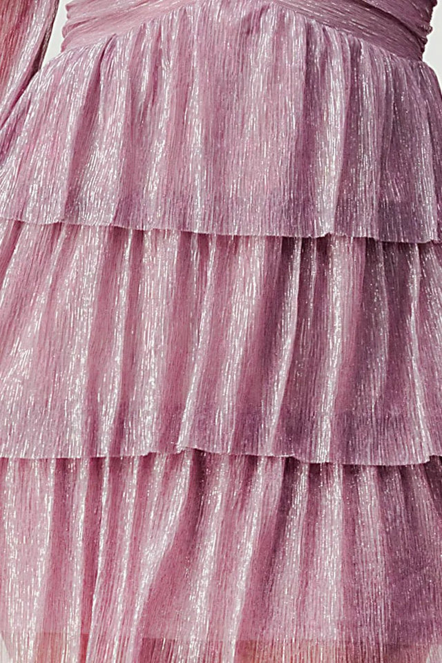 LUX FANTASY GLITTER DEEP V-NECK TIERED PEASANT SLEEVES FIT AND FLARE RUFFLED MINI DRESS - Wear with style