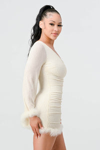 LUX FUR TRIM SEQUINS KIMONO SLEEVES ONE SHOULDER BODYCON MINI DRESS - Wear with style