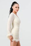 LUX FUR TRIM SEQUINS KIMONO SLEEVES ONE SHOULDER BODYCON MINI DRESS - Wear with style