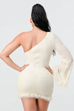 LUX FUR TRIM SEQUINS KIMONO SLEEVES ONE SHOULDER BODYCON MINI DRESS - Wear with style
