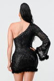 LUX FUR TRIM SEQUINS KIMONO SLEEVES ONE SHOULDER BODYCON MINI DRESS - Wear with style