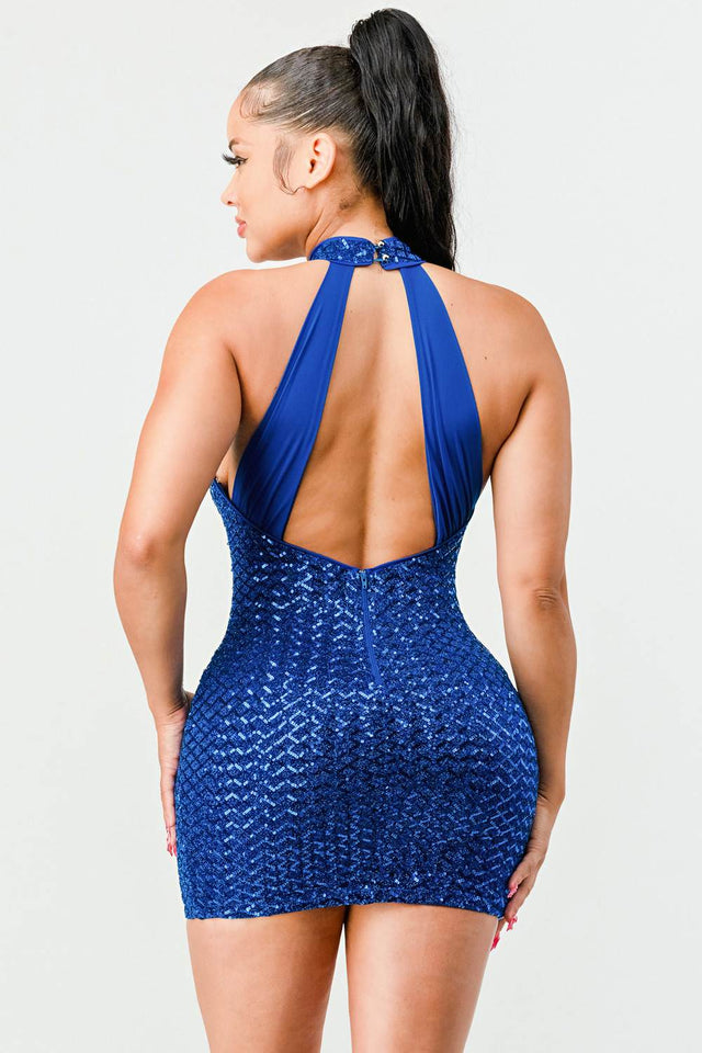 LUX SEQUINS HALTER OPEN BACK SLEEVELESS BODYCON MINI DRESS - Wear with style